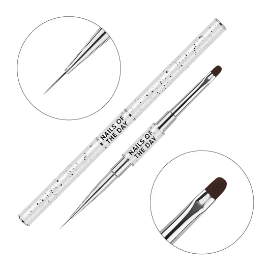 NAILSOFTHEDAY Professional Brush 2-in-1: Liner + Oval — professioneller doppelseitiger Metallpinsel mit Kappen für feine Linien und Gel-Modellage. Liner 11 mm + flacher Ovalpinsel 11 mm.
