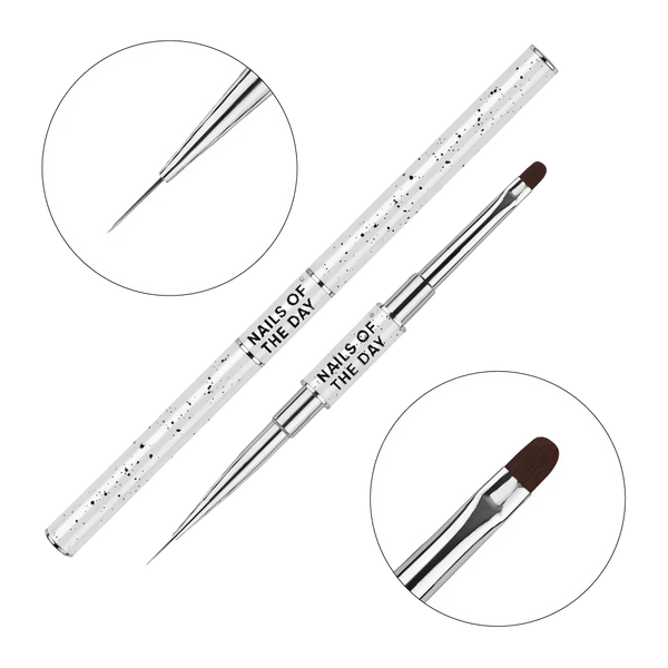 NAILSOFTHEDAY Professional Brush 2-in-1: Liner + Oval — professioneller doppelseitiger Metallpinsel mit Kappen für feine Linien und Gel-Modellage. Liner 11 mm + flacher Ovalpinsel 11 mm.